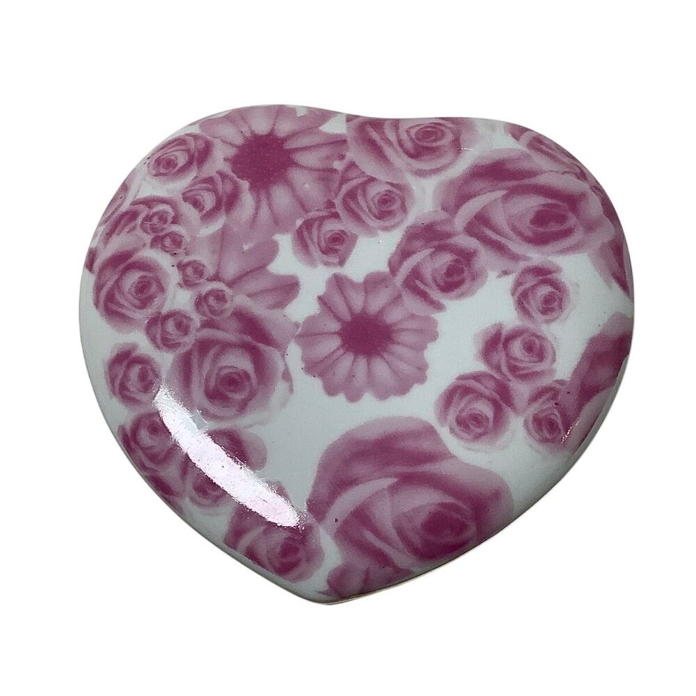 Jay & Sons Pink Floral Porcelain Heart Trinket Box Jewelry Case Vintage E3-32
